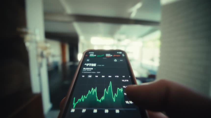 A close view shows a person holding a smartphone and scrolling through financial stock market charts while walking through a bright modern house with large windows