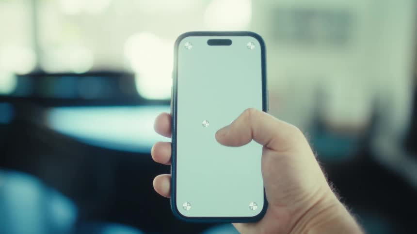 A man holds a dark blue smartphone with a blank screen and tracking markers while his thumb scrolls upward captured in a close up shot with a bright and out of focus living room visible in the background