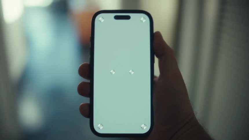 A person holds a dark smartphone with a light green screen featuring four tracking markers while standing in a brightly lit hallway with a blurred background