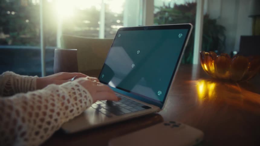 Adult female hands typing on a laptop computer with a replaceable screen over a wooden table next to a window indoors during dusk or dawn
