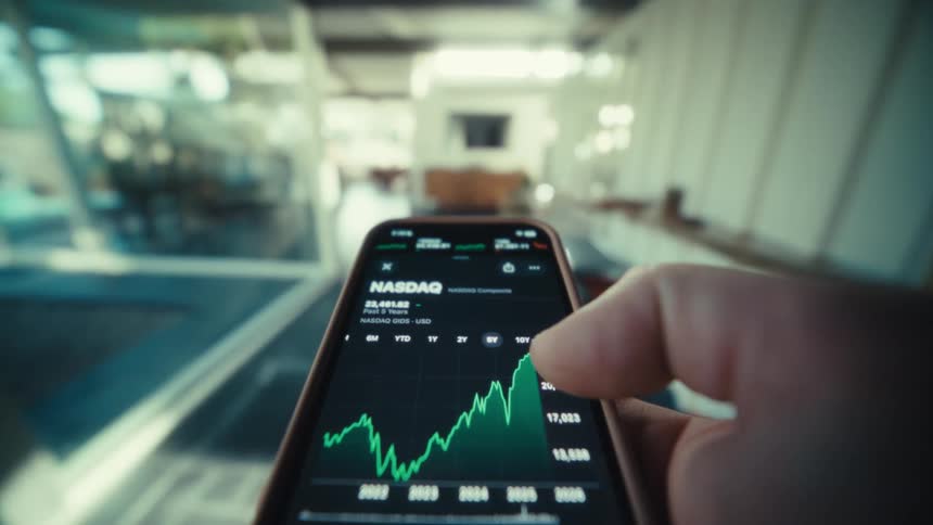A person reviews various stock market graphs and financial data on a smartphone in a bright modern interior