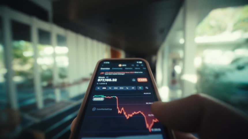 A person is scrolling on a smartphone displaying a stock market trading app with a fluctuating price chart on the screen set against a softly blurred indoor hallway background