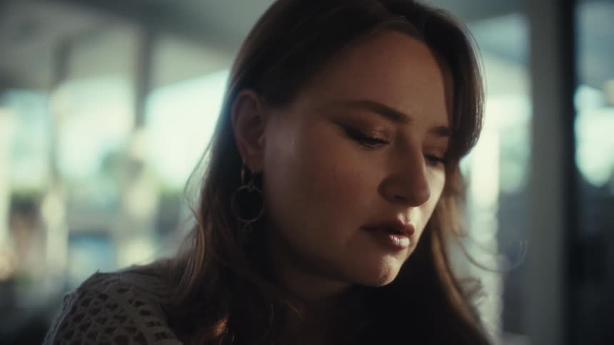 Young adult woman talking and nodding with a contemplative facial expression indoors during day time