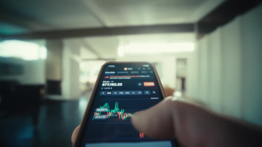 A person walking inside a welllit building at midday holding a smartphone and scrolling through a stock chart