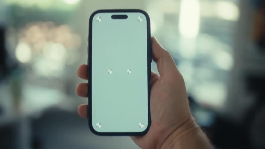 Adult human male hand holding a smartphone with a replaceable screen while the person walks over different rooms of a house indoors during day time