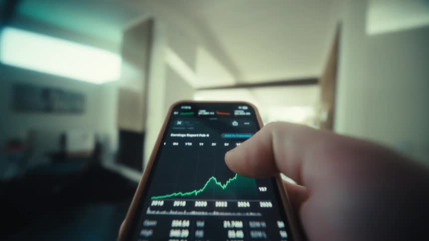 A person uses a thumb to scroll through stock market charts and financial news on a smartphone screen inside a modern house with bright sunlight and a blurred living room in the background