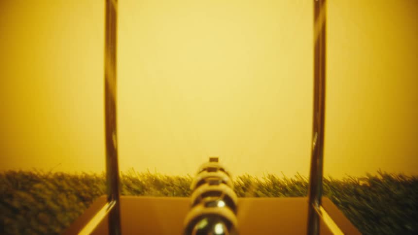 A person with a ring on their finger pulls back a silver ball on a newtons cradle and releases it to start the rhythmic motion against a warm yellow background on a patch of green grass