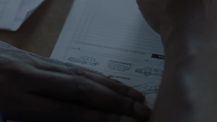 A man holds a form down as he fills it out