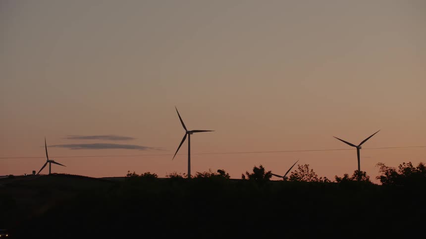 A view of some windmills outdoors in a field
