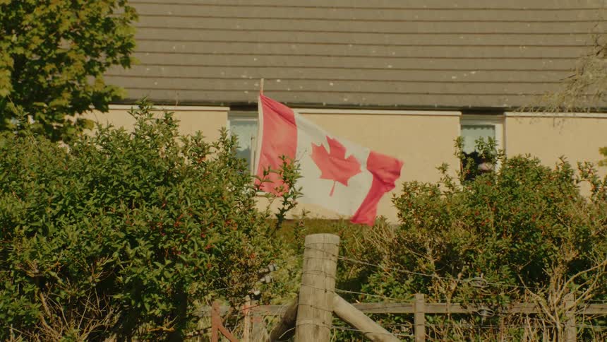 A canadian flag flies proudly in an outdoor setting framed by natural foliage and a distant building