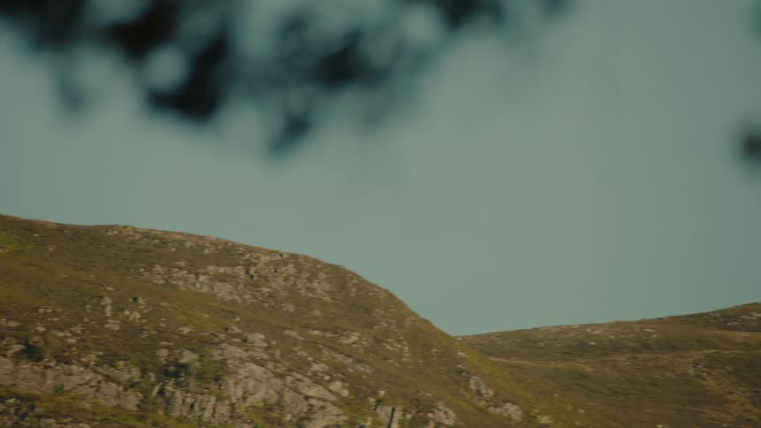 A view of a rocky hill with green vegetation under a clear sky during the day
