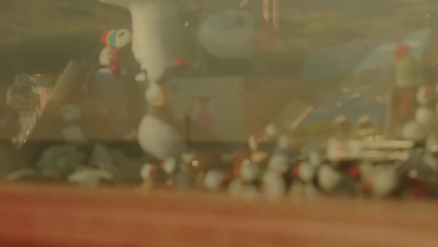 Stuffed animal toys are on display in a store window