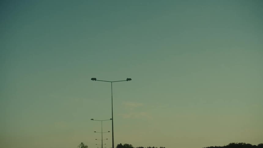 Streetlight poles across the road and treetops in the distance