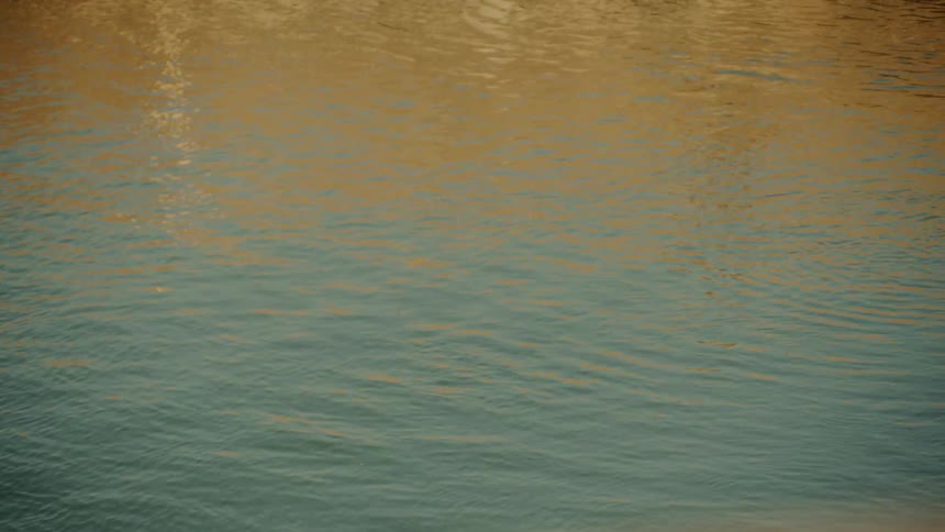 Lights reflect off the small waves of a lake