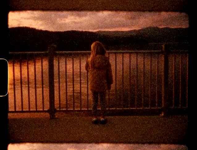 Girl standing in front of a metal railing looking at a lake with mountains in the background