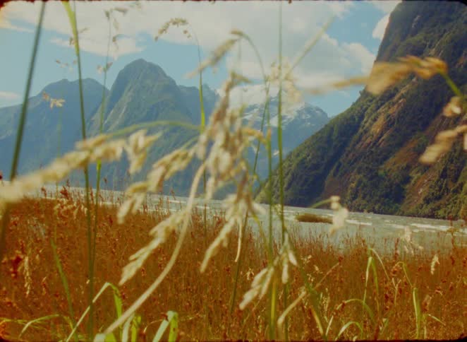 Dry grass in the foreground with a lake and mountains in the background