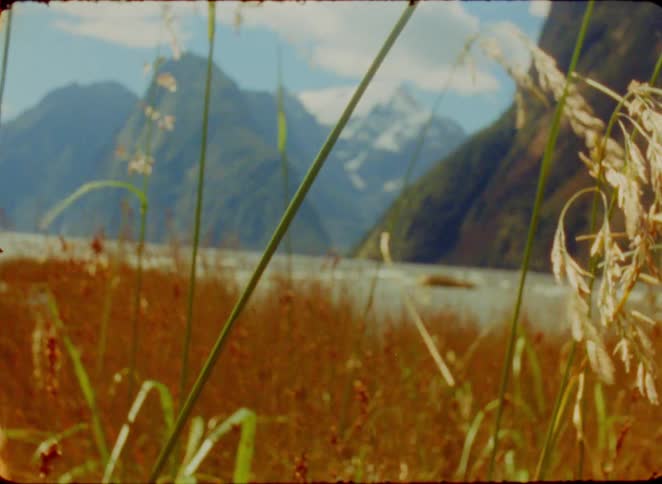 Dry grass by the sea with mountains in the background