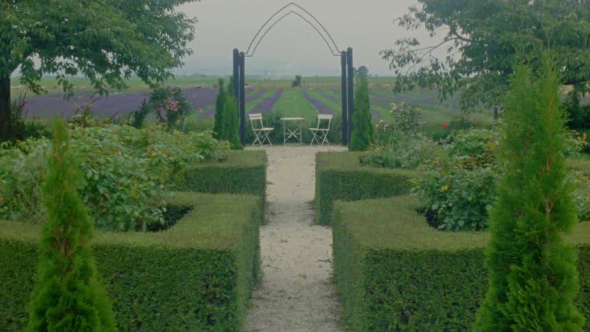 A gravel path leads through a symmetrical formal garden toward a metal archway where a white table and chairs sit before a vast lavender field under an overcast sky