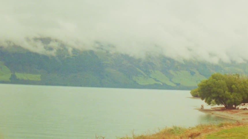 Lake with mountains covered by clouds and a tree on the shore