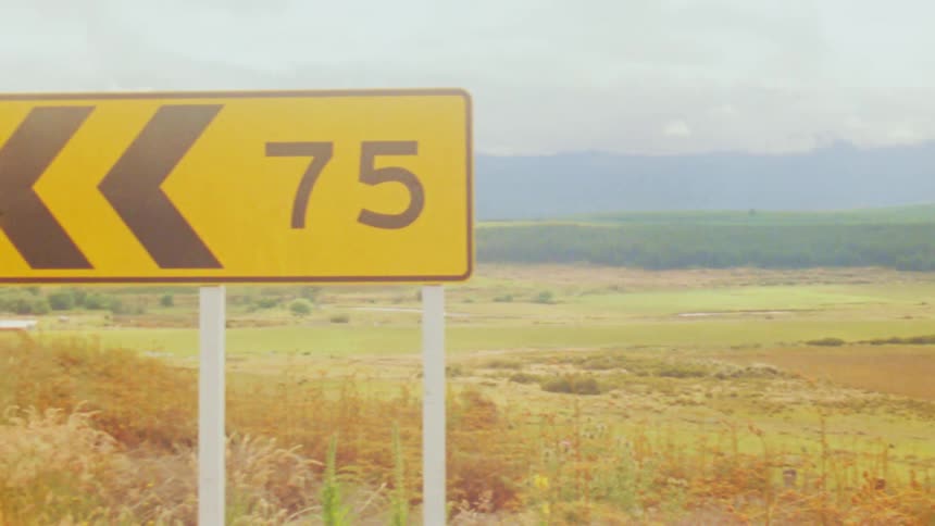 Many sheep grazing in a large green valley before passing a yellow road sign near a road under a cloudy sky during the day