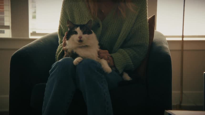 A woman wearing a green sweater and jeans sits in a chair and pets a black and white cat resting on her lap in a dimly lit room