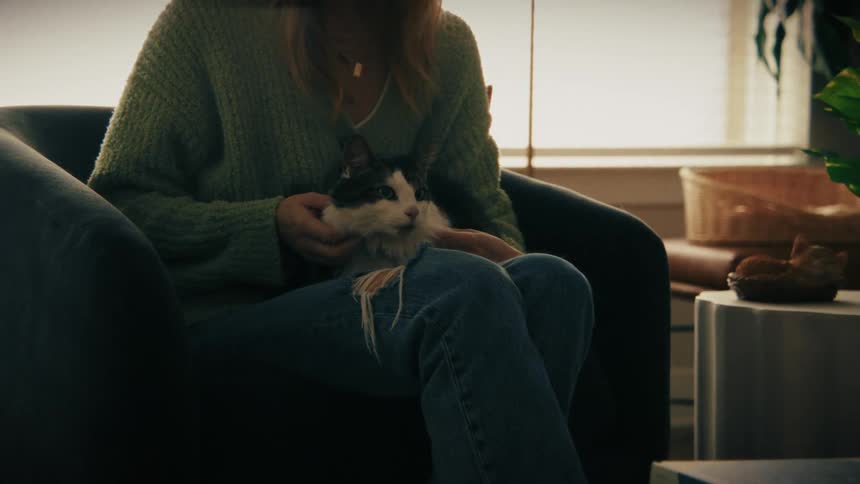 A woman wearing a green sweater and blue jeans sits in a dark chair while petting a black and white cat on her lap in a dimly lit living room near a window with blinds and a plant