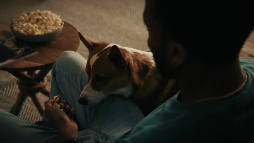 A man sits on a rug in a dimly lit room and feeds small pieces of popcorn to a brown and white dog resting on his lap