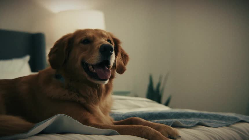 A golden retriever lying relaxed on a bed inside a bedroom with a lamp behind illuminating the room