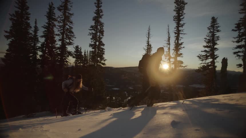 Two individuals with backpacks and poles walking in snowy area among pine trees at sunset