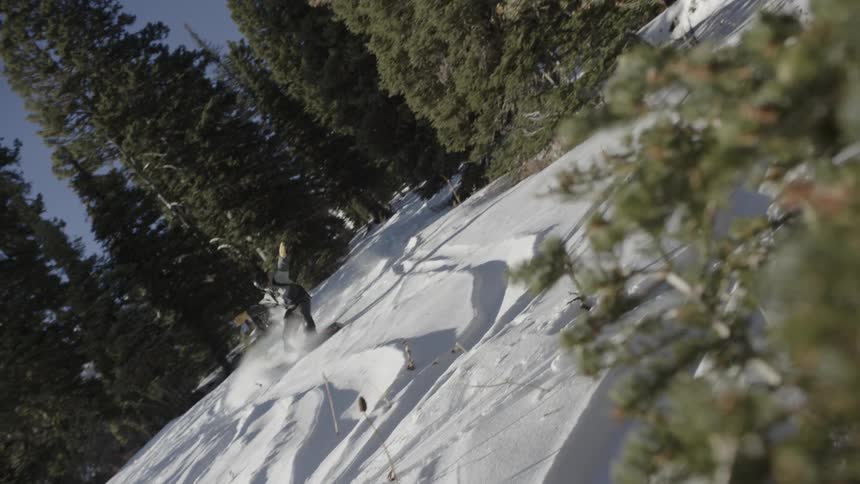 A man wearing a grey jacket and black pants rides a snowboard through deep powder snow between tall green trees on a sunny day