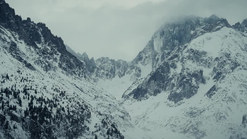A high angle view captures a vast mountain range covered in thick snow under a cloudy sky where evergreen trees dot the steep slopes and a deep valley carved between massive rocky peaks stretches toward a misty horizon in the distance