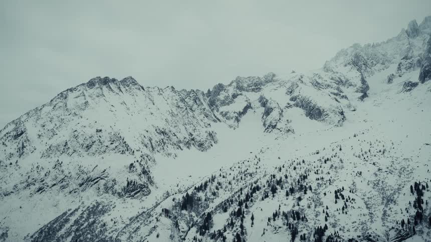 Snowcovered mountain range with steep peaks and conifers at the base