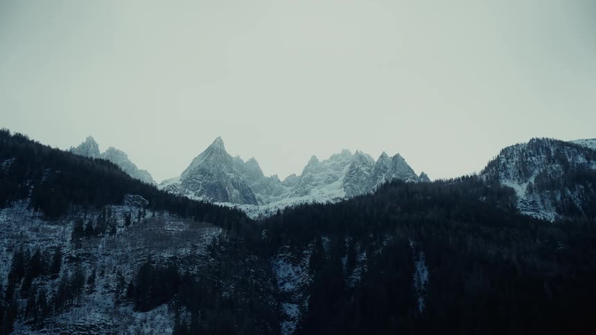 A view of tall mountains covered in snow and dark green trees under a grey and cloudy sky