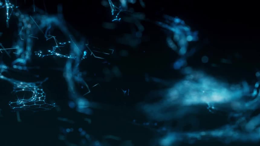 A digital network of glowing blue particles and interconnected lines flows through a dark void creating an abstract plexus effect that mimics neural pathways