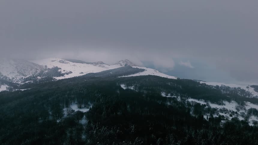 A sweeping aerial view reveals a vast snowcovered mountain range partially obscured by lowhanging clouds and thick mist while a dark evergreen forest blankets the slopes in the quiet wintry atmosphere