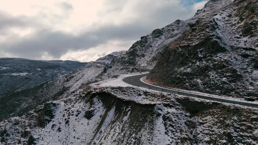 Road winding around snow covered mountains