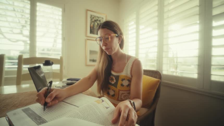 Woman writes in a book while checking a tablet seated at a table near a window