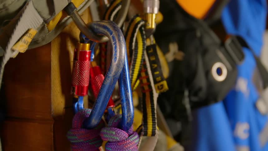 Close up of various hooks and ropes