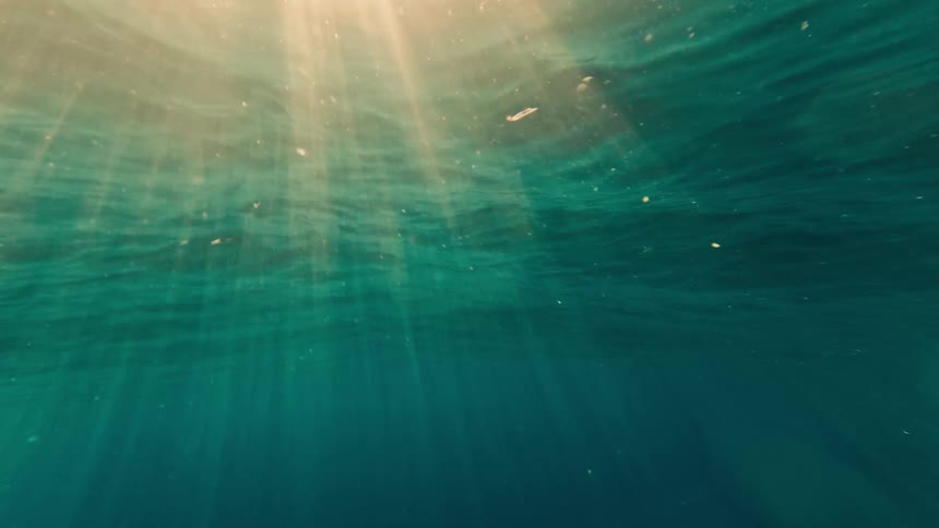 Bright sunbeams pierce through the surface of deep blue water creating shimmering light rays and lens flares in a clear ocean