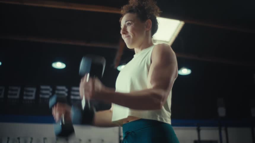 A woman with curly hair is performing bicep curls using a pair of dumbbells in a gym setting she maintains a focused expression while lifting the weights upward toward her shoulders and lowering them back down