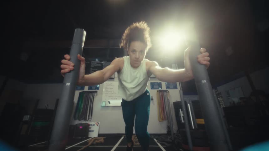 Young woman runs as she exercises pushing weights across the gym