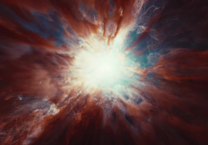 Glowing light expands through swirling clouds of orange and blue gas in space