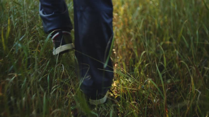 A view from behind shows the feet and legs of a person wearing blue pants and black sneakers walking through tall green grass in a field during the day