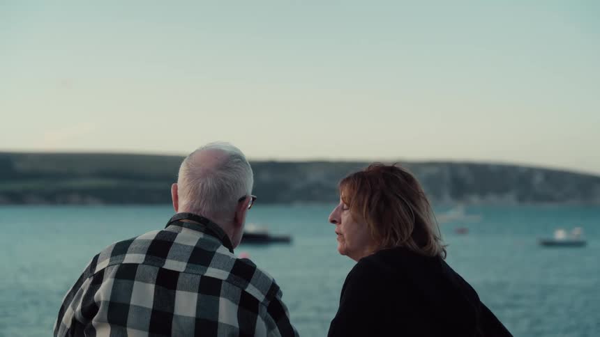 An elderly man in a checkered shirt and a woman in black sit together by the coast looking out at the calm ocean and distant boats while talking