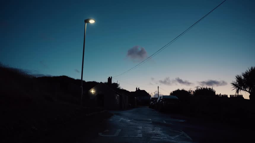 A street lamp illuminates a quiet coastal road at twilight where dark silhouettes of houses and parked cars line the street against a deep blue sky while a single small cloud floats above the horizon