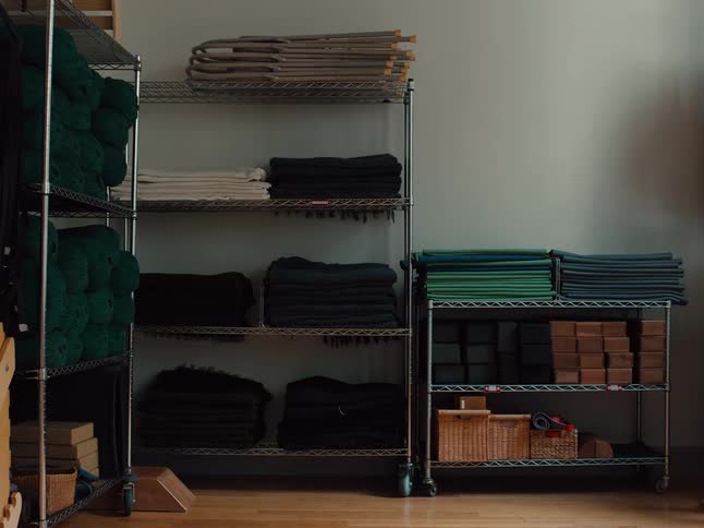 Metal shelves with folded towels mats and blocks organized in an indoor space