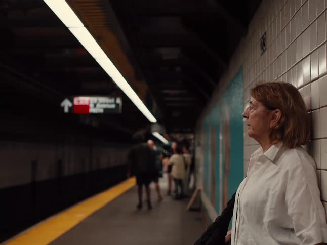 Woman leans against a tiled wall while waiting for a train