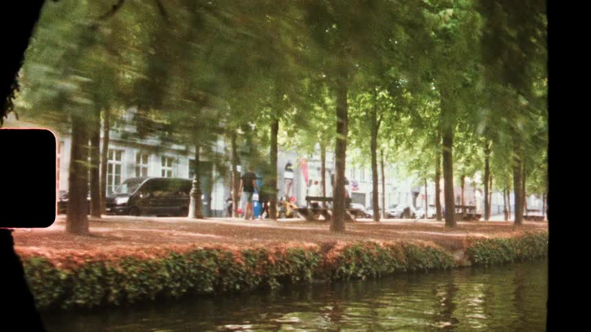 A view from a boat moving along a canal shows a row of leafy green trees and parked cars in front of white buildings on a city street