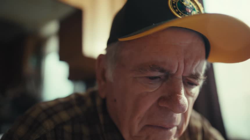 An older man wearing a plaid shirt and a baseball cap looks through a large magnifying glass while sitting at a table inside a home