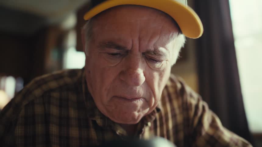 An older man wearing a plaid shirt and a baseball cap looks through a large magnifying glass while sitting at a table inside a home